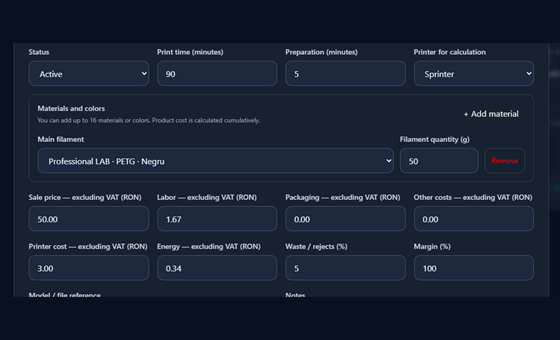 SpoolHive product form for calculating the cost of a 3D print