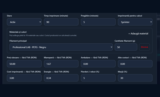 Formular SpoolHive pentru calculul costului unui produs imprimat 3D