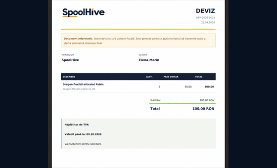 Exemplu de deviz PDF SpoolHive pentru un produs imprimat 3D