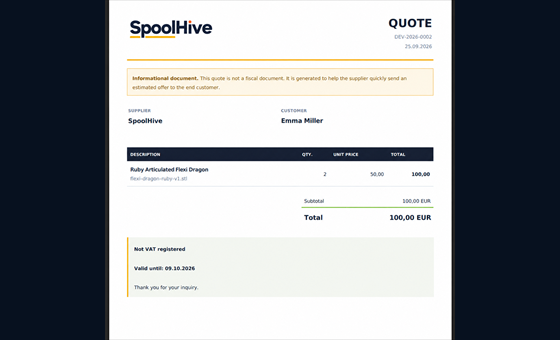 Example SpoolHive PDF quote for a 3D printed product