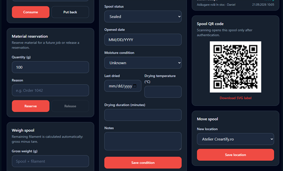 Spool reservation, material condition, and QR code