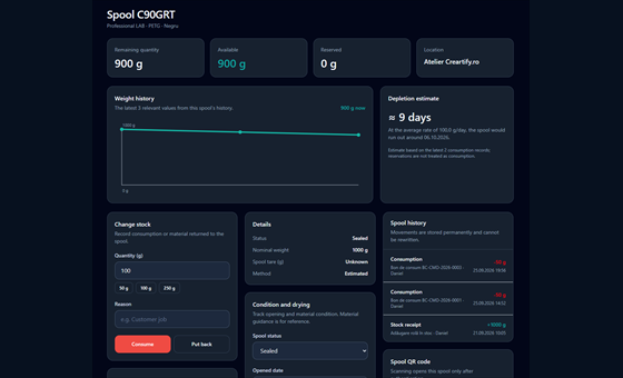 Spool details with weight history and depletion estimate